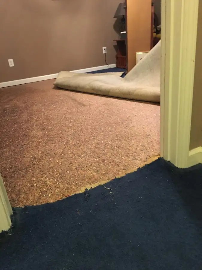 Carpet pad removal revealing water damage during Drying & Dehumidification in McLean